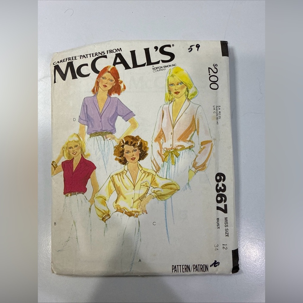 McCalls Pattern 6367 Misses Set Of‎ Blouses Size 12 Bust 34 VTG 1978 Cut
